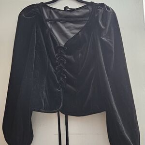 Cider Black Velvet Lace-Up Blouse